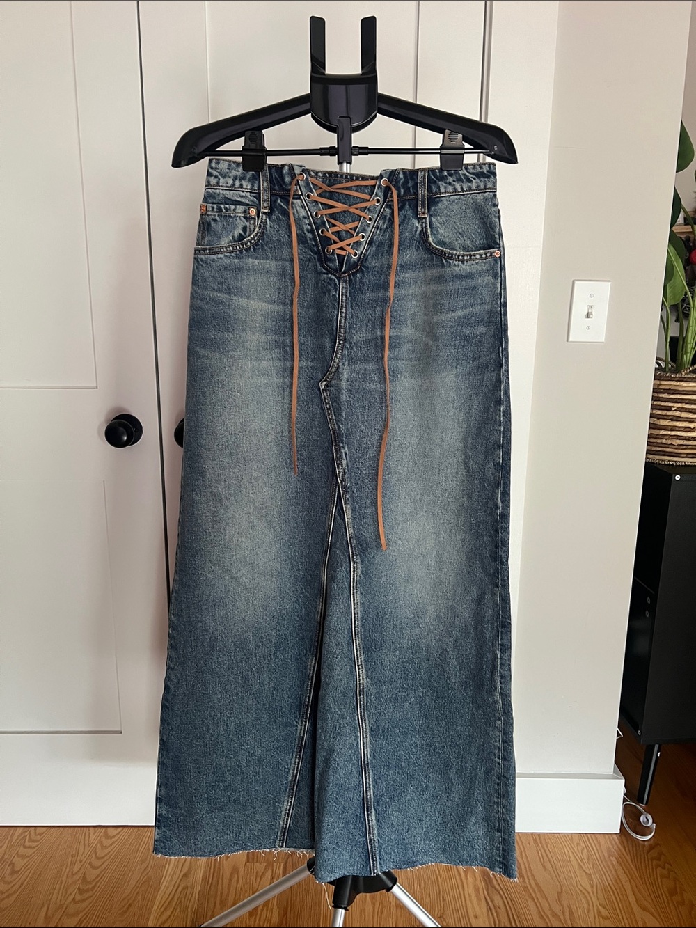Girlfriend Denim Lace-Up Waist Maxi Skirt